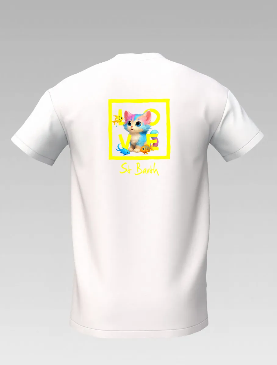 White Kids’ T-shirt – Playful Cat and Fish – St Barth & St Martin Signature – LOVE Edition