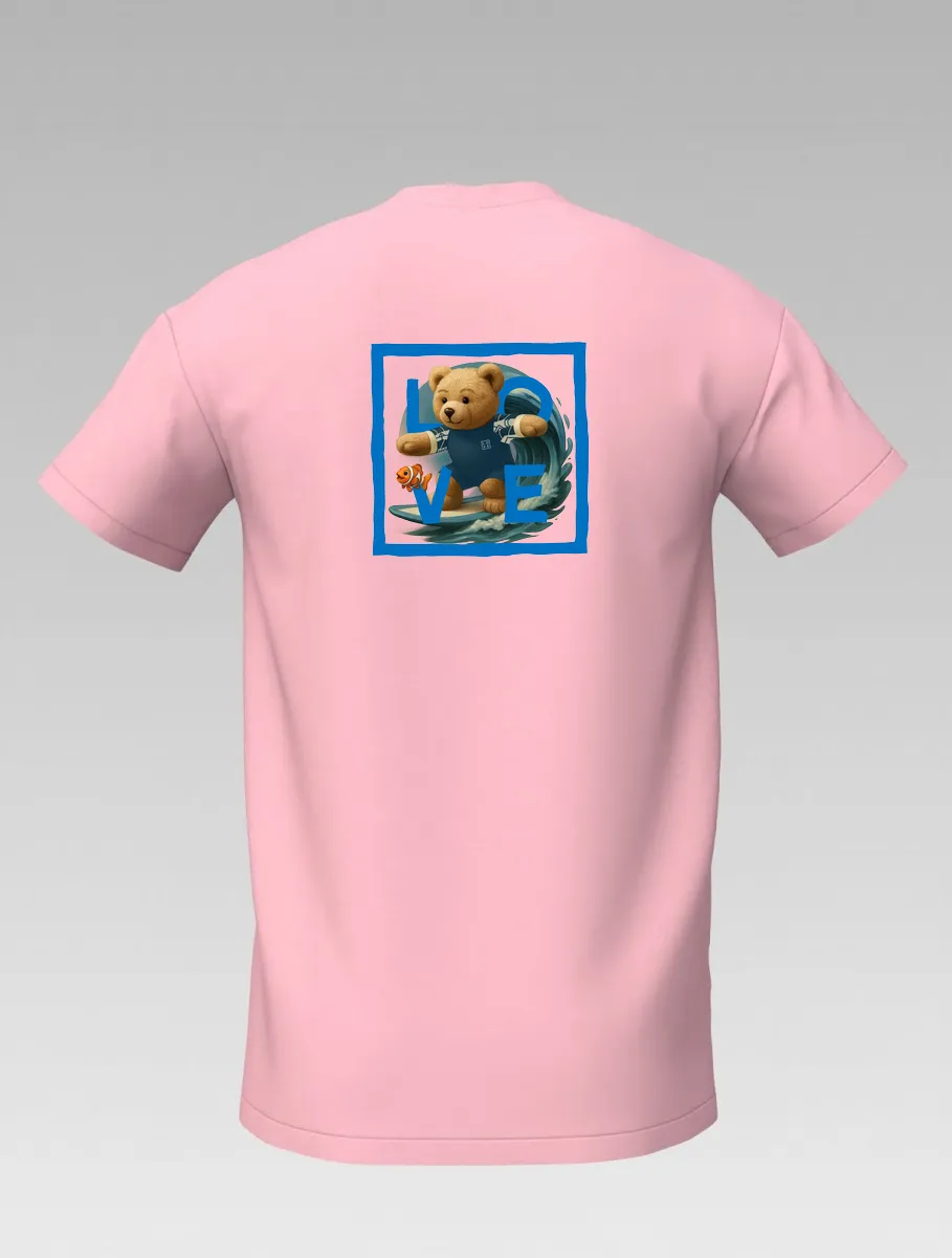 Pink Kids’ T-shirt – Surfing Bear – LOVE Edition