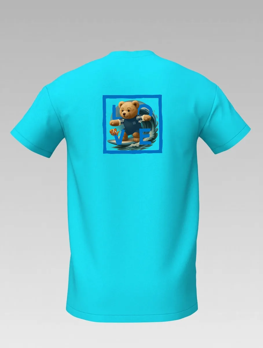 Turquoise Kids’ T-shirt – Surfing Bear – LOVE Edition
