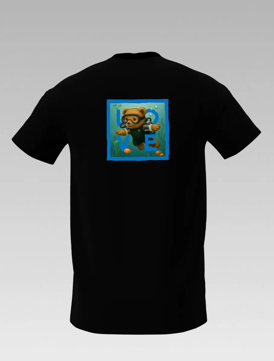 Kid’s Black T-Shirt – Diving Bear “The Bear’s Underwater Adventure” – LOVE Edition